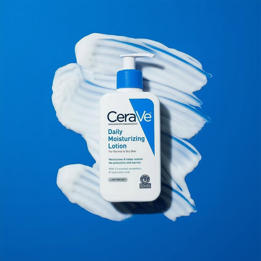 CeraVe Daily Moisturizing Lotion bottle with blue pump on a blue background